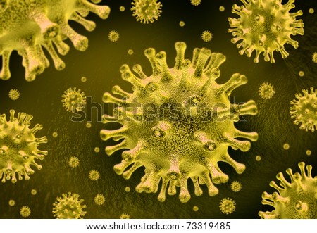 Infection from a virus medical symbol represented by a group of yellow bacterial intruder cells causing sickness and disease to a healthy organ