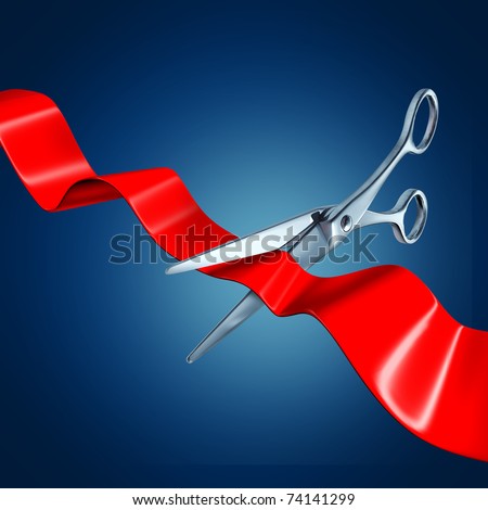 Cutting the ribbon with a blue background representing a grand opening event.
