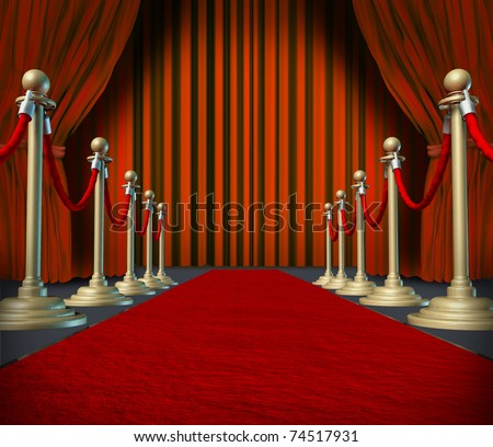 Theater stage with red velvet cinema curtain drapes and brass dividers on important carpet.