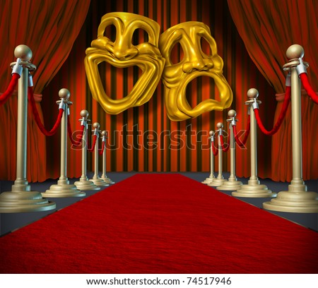 Theater stage with gold comedy and tragedy symbol on red velvet cinema curtain drapes and brass dividers on rich carpet.