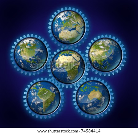 World industry network represented by earth hemispheres representing global economic regions of international trade using cogs and gears as a symbol.