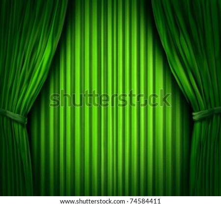 Theater stage with spot light on green velvet cinema curtain drapes.