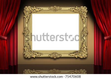 Old blank gold frame with red velvet curtain display.