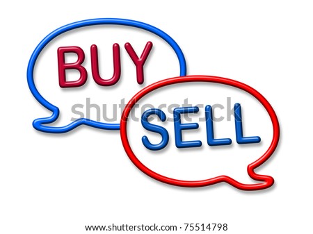 Buy and sell stocks symbol represented by two word bubbles isolated on white.