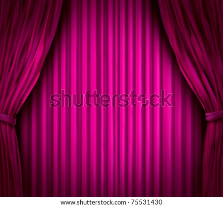 Theater stage with spot light on pink velvet cinema curtain drapes.