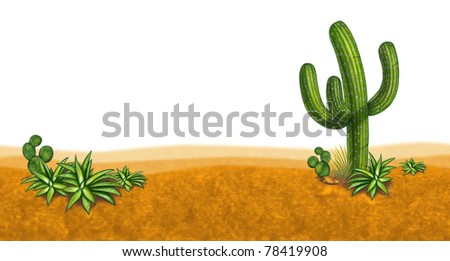 Dessert scene with cactus and arid climate plants on a sand filled horizontal perspective.