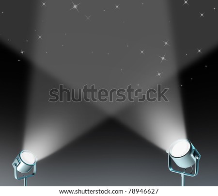 Floor spotlights on black stage with lights radiating energy from the floor up representing an important entertainment presentation.