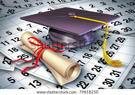 Graduation time represented by a college or university graduate cap and diploma resting on a floor of calendar pages showing the time it rtakes to complete a students degree.