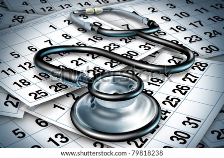 Medical delays and surgery wait times  due to the lack of resources with shortages of doctors and nurses in a hospital or clinic represesented by a stethoscope sitting on a floor of calendar pages.