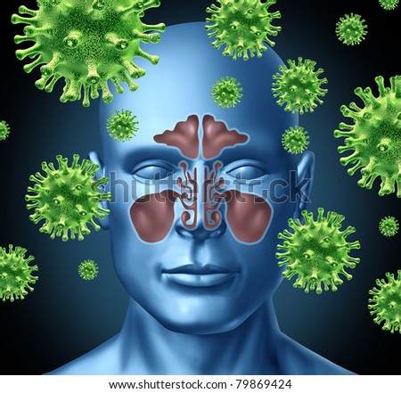 Cold virus infection medical symbol represented by a group of red bacterial intruder cells causing sickness and disease to the human body including the sinus nasal cavity.