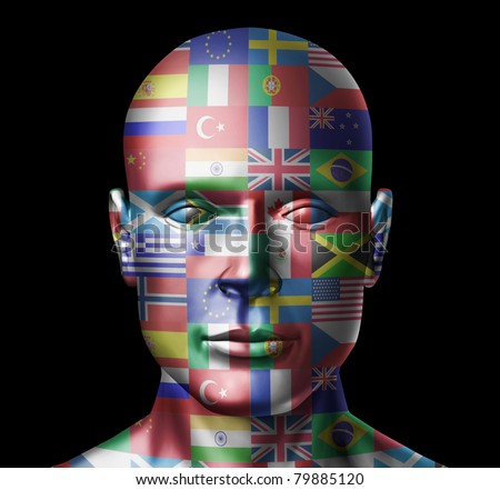 World flags face representing global countries from around the earth on a human head showing the  concept of international business and politics.