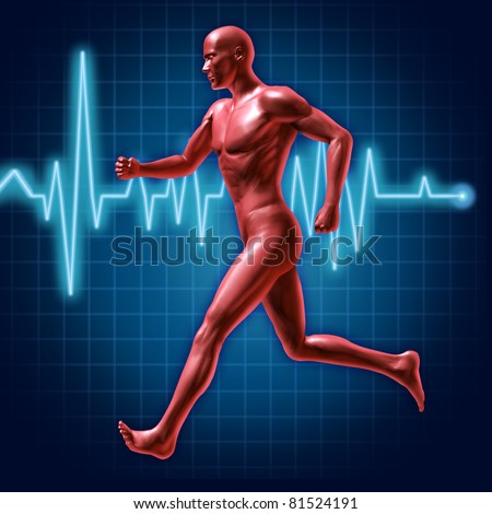 Running and fitness symbol represented by a jogging human with a heart rate monitor life line showing healthy living and good cardiovascular fitness.