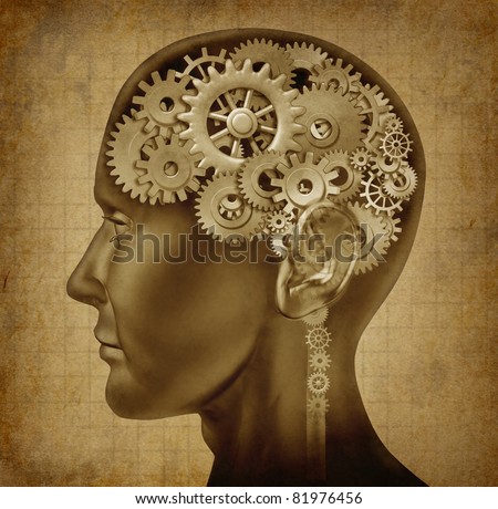 Human intelligence with grunge texture made of cogs and gears representing strategy and psychological mental neurological activity.