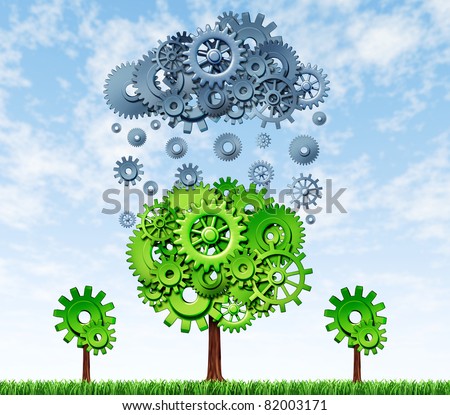 Growing Profits with investing in new technologies with a green tree and a rain cloud made of gears and cogs showing the concept of success for companies that invest in research and development.