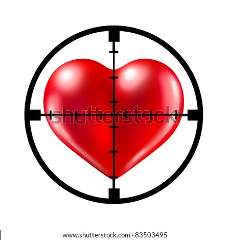 Hunting for love with a crosshair aiming target at a red heart representing the concept of dating and relationships search and searching for your soul mate.