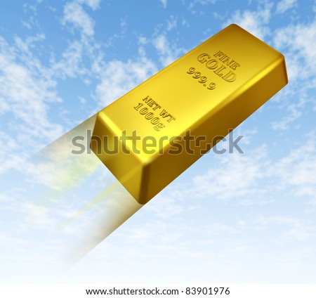 Rising price of gold represented by a gold bar going up in the sky showing the higher value to the yellow shiny metal caused by a week economy.