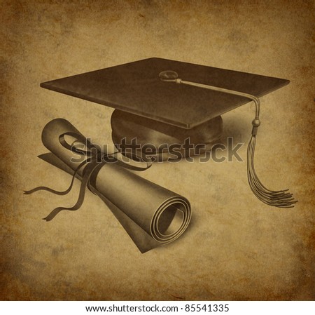 Graduation hat and diploma with vintage grunge texture representing the education concept of achievement, and academic success in university and college.