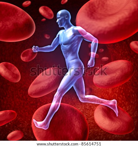 Human cardiovascular blood circulation system with a running human on a background of red blood cells flowing through an artery for the concept of the medical circulatory body that is well oxygenated.
