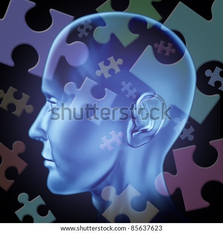 Puzzled mind and brain teasers symbol featuring a human head with jigsaw puzzle pieces for the concept of thinking and problem solving to find a solution and answers to mysteries of the brain.