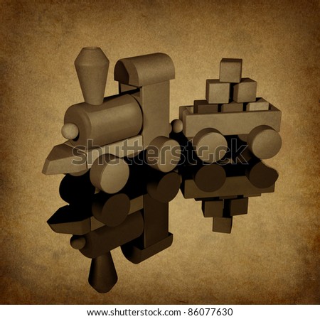 Old vintage toy train with grunge texture showing a wooden play set with basic geometric shapes on an old parchment paper texture background representing youth and time past in history as a child.