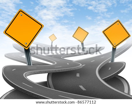 Directions and confusion representing dilemma and concept of choosing the right strategic path for business with a blank yellow traffic signs tangled roads and highways in a confused direction.