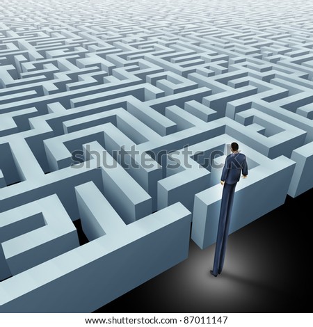 Vision in business innovative solutions solving challenges with a business man with very long legs looking above a maze and a labyrinth using strategy and planning so you do not get lost.