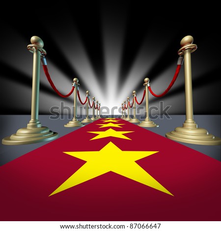 Hollywood red carpet with stars for a cinema premier and grand opening for movie stars with brass dividers and glowing light burst.