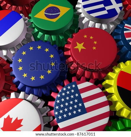 Global world economy machine with China and Europe  in the center with gears and cogs and country flags of Greece Russia U.S.A. Canada Germany Brazil and Britain representing international industry.