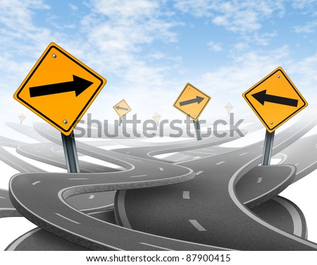 Losing control with goals and strategic journey choosing the right strategic path for business with a blank yellow traffic signs with arrows tangled roads and highways in a confused direction.