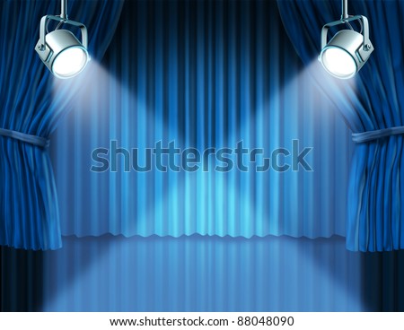 Theater stage with spotlights on blue velvet cinema curtain and drapes representing the entertainment communications concept of an important announcement in a rich cinema and theater environment.