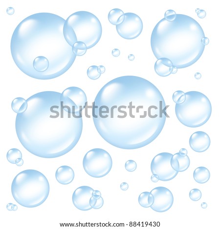 Bubbles and transparent soap sud  bubble composition with a soap suds in many circular sizes in the air floating as clean blue symbols of washing and freshness.