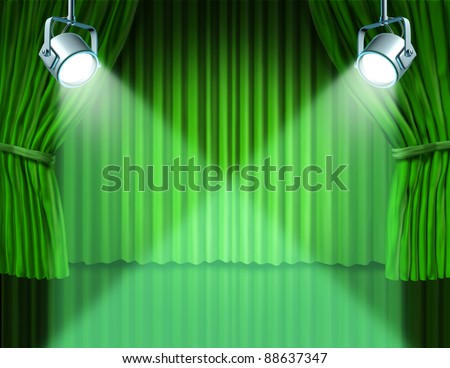 Theater stage with spotlights on green velvet cinema curtain and drapes representing the entertainment communications concept of an important announcement in a rich cinema and theater environment.