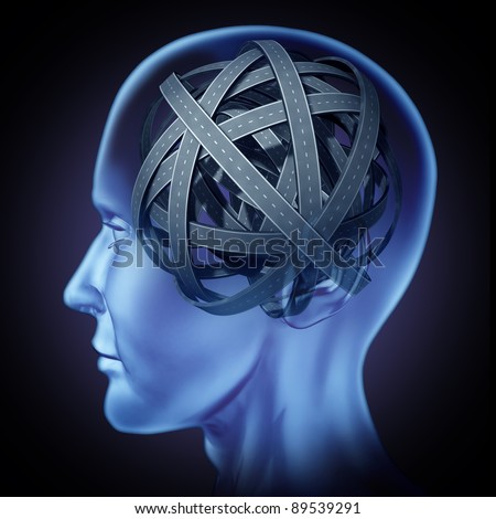 Confused puzzled mind and brain problems symbol featuring a human head with tangled mixed roads and paths as a concept of cognitive illness and memory loss by injury or amnesia and alzheimer