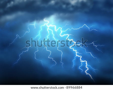 Lightning storm thunderstorm with a bolt of light electricity from a dark cloudy blue night sky as power of natural destruction and dramatic weather storm resulting in disaster and electrical shock.