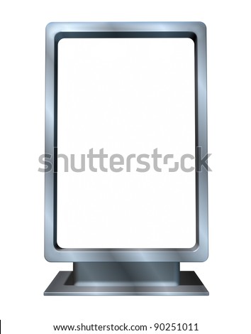 Marketing and advertising campaign with a single blank vertical billboard made of shiny metal in a dynamic angle as a sales display for an ad program for selling goods and services for  businesses .