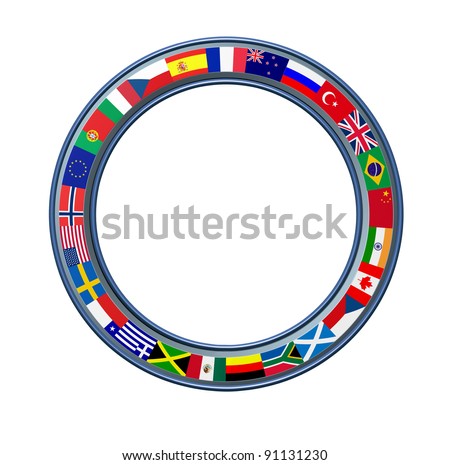 World ring of global flags as a circular blank frame with a metal trim showing international theme representing countries from multiple continents on a white background.