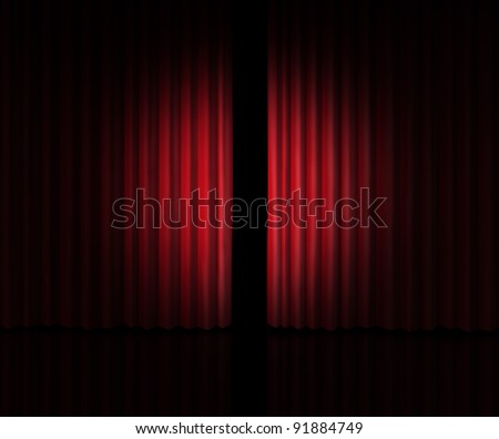 Behind The curtain as a peek into a new announcement on rumors of new products and movies or store opening with red velvet drapes that are slightly opened to look inside private information.
