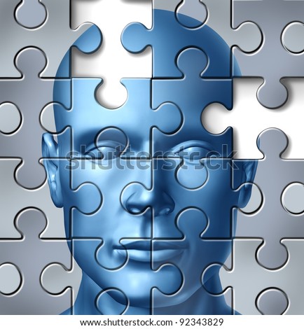 Human brain research and memory loss as a neurological and medical symbol of  alzheimer\'s clinical concept represented by a frontal human head with missing pieces of the puzzle texture.