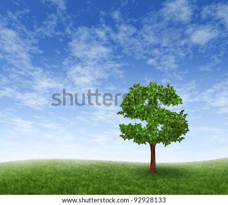 Financial growth and success on a green summer natural green grass landscape with a single tree in the shape of a dollar sign showing a business concept of growing prosperity and investments.