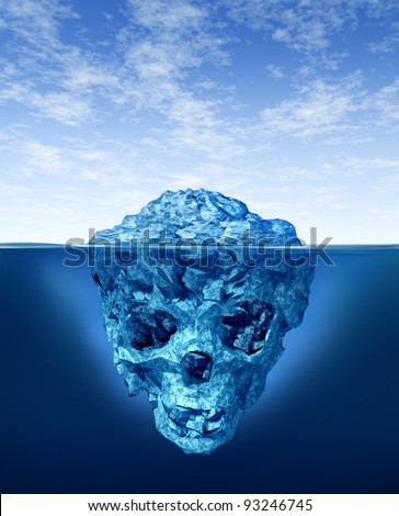 Hidden dangers with a deceptive hazardous iceberg in cold arctic water with a small part of the frozen ice mountain above the sea and the hidden bottom in the shape of a death human skull skeleton.