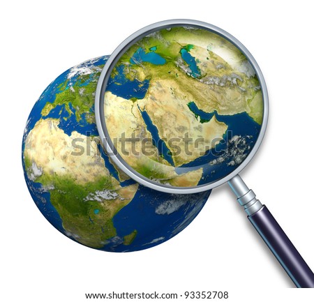 Planet earth middle east crisis with political issues of the persian gulf and crude oil with countries as Iran Israel Egypt Libya Kuwait Syria Saudi Arabia focused with a magnifying glass on white. - stock photo