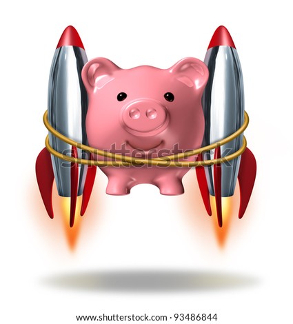 Investing Success and new wealth management solutions to grow your finances fast  as a pink piggy bank with rocket engines blasting off as a successful financial strategy as strong growth potential.