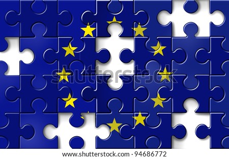 Europe crisis as a European flag in a jigsaw puzzle with pieces missing as a financial crisis that needs banking assistance and loan guarantees for default in countries as Greece Italy Spain France.