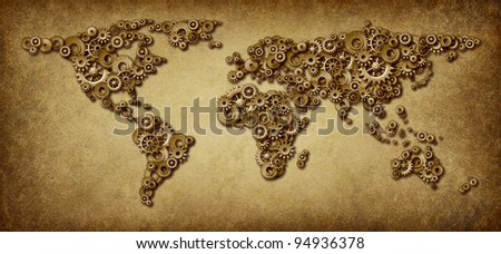 International economy old grunge map of world business connections on a global networking scale with gears and cogs in the shape of countries as america asia europe australia and africa.