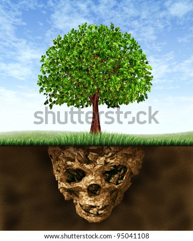 Toxic soil and environmental health risks caused by pollution in the earth hidden underground as a skeleton skull shaped earth with a green tree growing above showing the hazards of polluted nature.