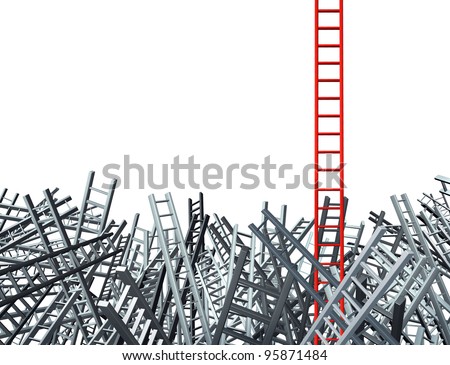 New thinking as an innovative good idea and solution to a business problem as a red ladder standing out from a group of confused grey ladders as a financial icon of opportunity from obstacles.