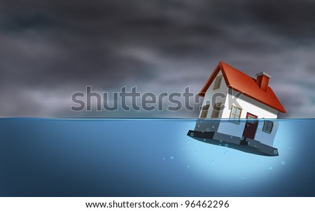 Real estate crisis and housing trouble as a sinking home in water as a dangerous dark stormy cloud background as home builder concept of house challenges and the business of mortgage rates.