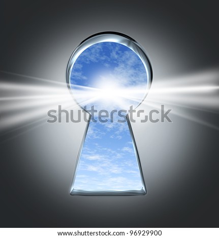 Key to success with an open keyhole to a bright future with a blue sky and clouds as an opportunity concept for a new business or starting an inspired life of hope and happiness.