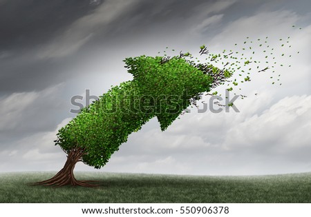Market trends and forecasting business direction concept as an arrow tree being bent by a violent storm as a financial crisis metaphor with 3D illustration elements.