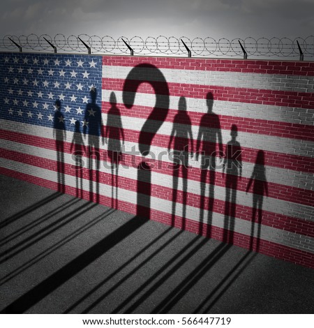 United States refugee question and immigration government policy as extreme vetting for banned newcomers in America as the cast shadow on a wall with a US flag with 3D illustration elements.